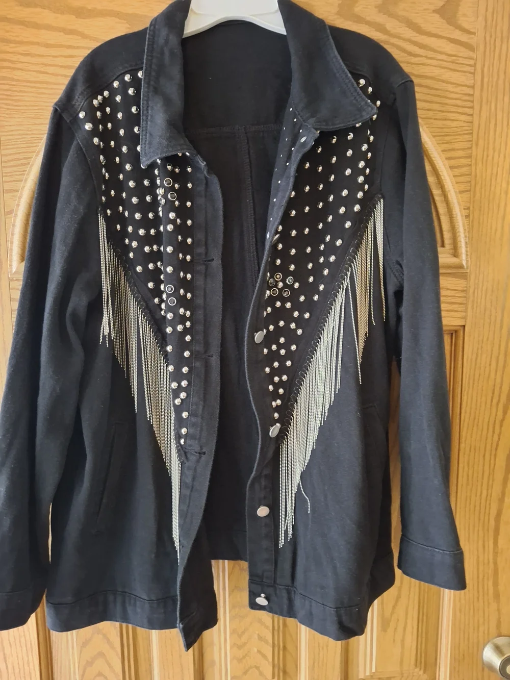 Western Black Studded Denim Jacket with Silver Fringe - Picture 1 of 5